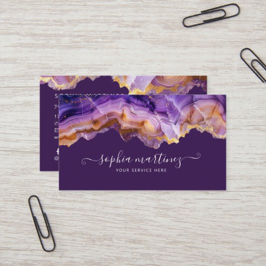 Carte De Visite Code QR en marbre doré agate violette abstraite (Devant/Arrière en situation)