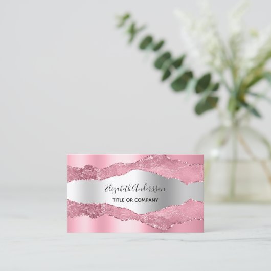 Carte De Visite Code QR en marbre rose argenté (Debout devant)