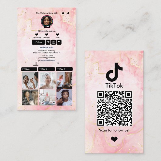 Carte De Visite Code QR en marbre rose TikTok Médias sociaux (Devant / Derrière)
