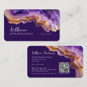 Carte De Visite Code QR en marbre violet agate moderne et paillett