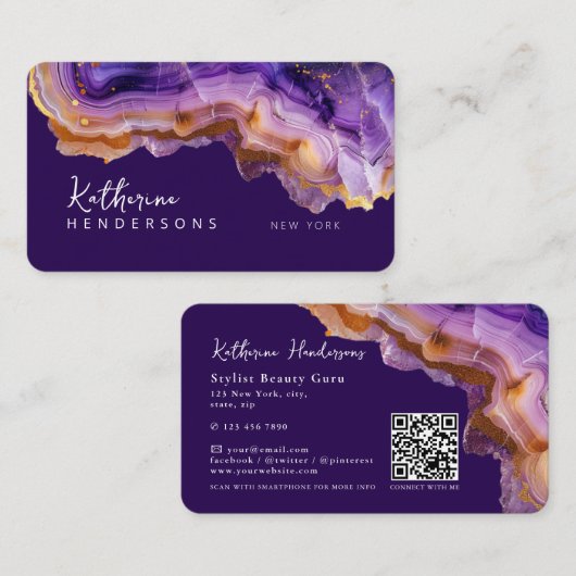 Carte De Visite Code QR en marbre violet agate moderne et paillett (Devant / Derrière)
