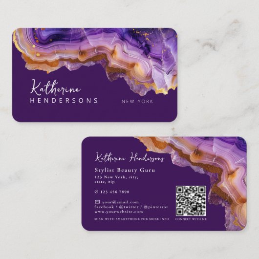 Carte De Visite Code QR en marbre violet moderne agate & paillette (Devant / Derrière)