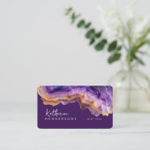 Carte De Visite Code QR en marbre violet moderne agate & paillette (Debout devant)