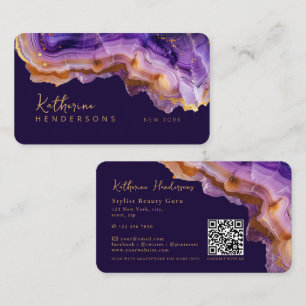 Carte De Visite Code QR en marbre violet moderne et paillettes d'o