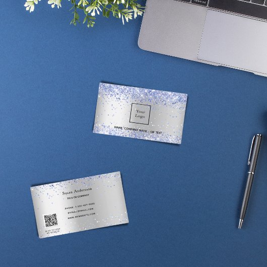 Carte De Visite Code QR en métal argenté bleu clair