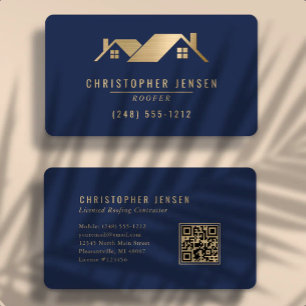 Carte De Visite Code QR Entreprise de Toiture Bleu Marine Or Arron