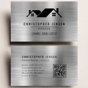 Carte De Visite Code QR Entreprise de Toiture Noir Argent Métallis