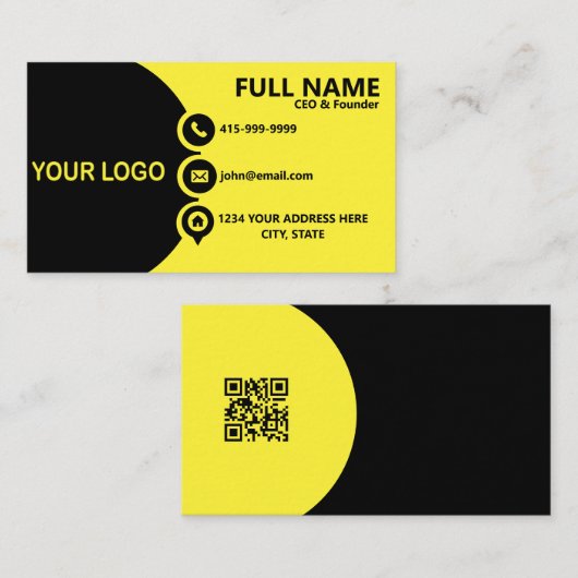 Carte De Visite Code QR Entreprise Moderne Jaune et Noir (Devant / Derrière)