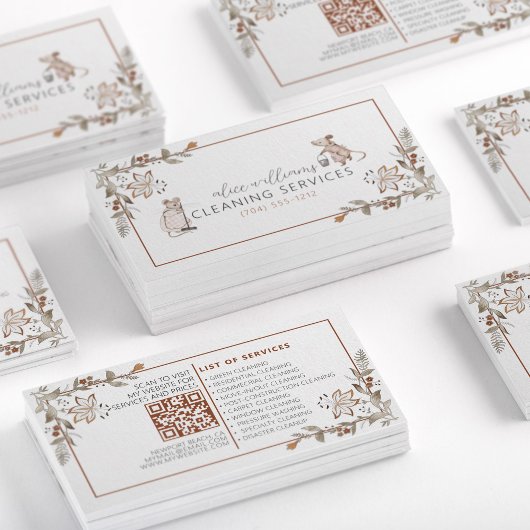 Carte De Visite Code QR Entretien Professionnel Maid Floral Cute