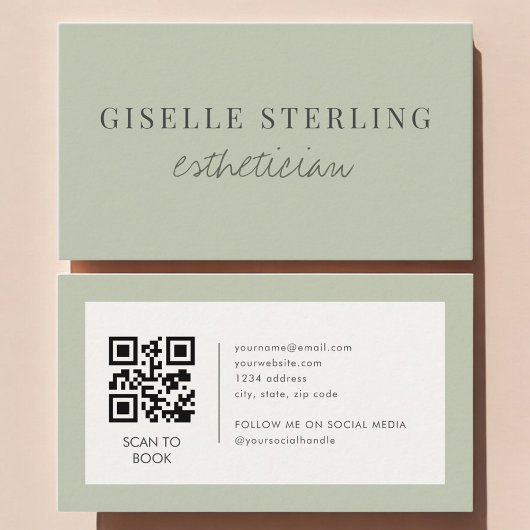 Carte De Visite Code QR Esthéticienne Vert Sauge
