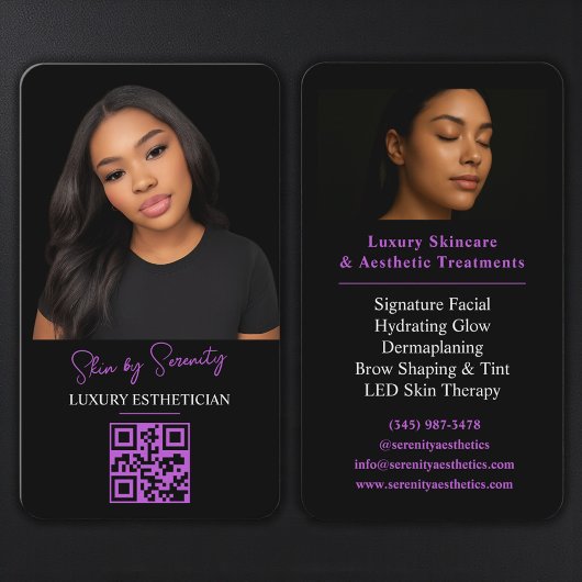 Carte De Visite Code QR Esthéticienne Violet Luxe Beauté Noire