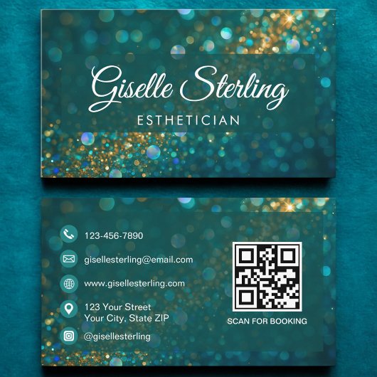 Carte De Visite Code QR Esthétique Parties scintillant or Turquois