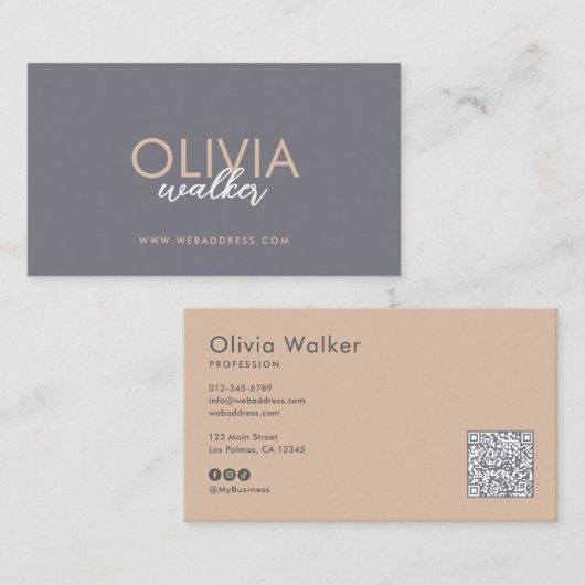 Carte De Visite Code QR et médias sociaux Elegant Script (Devant / Derrière)