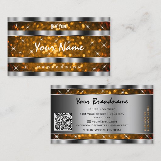 Carte De Visite Code QR Étoiles Paillettes Doré Orange Argent (Devant / Derrière)