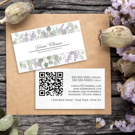Carte De Visite Code QR Eucalyptus et Lavande Aquarelle Rustique