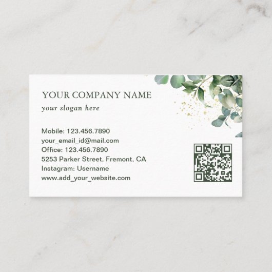Carte De Visite Code QR Eucalyptus or vert rustique (Dos)