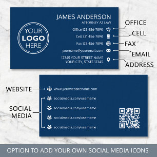 Carte De Visite Code QR Fax Logo d'entreprise Navy Professionnel