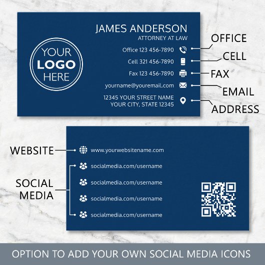 Carte De Visite Code QR Fax Logo d'entreprise Navy Professionnel