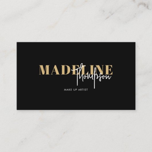 Carte De Visite Code QR féminin moderne chic noir or (Devant)