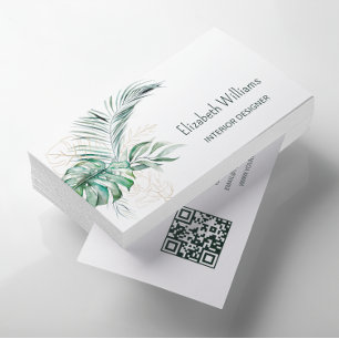 Carte De Visite Code QR   Feuilles tropicales aquarelle