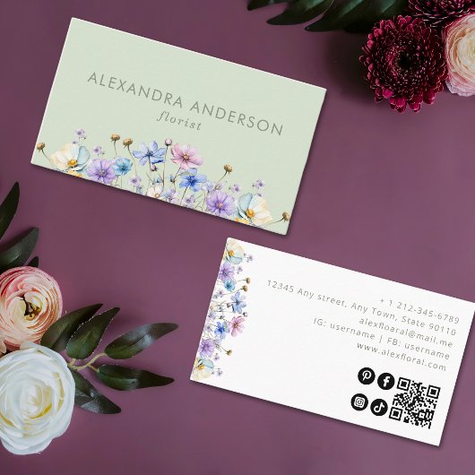 Carte De Visite Code QR Fleur sauvage élégant