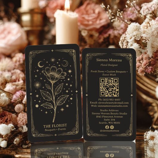 Carte De Visite Code QR Fleuriste Tarot Céleste Rétro Or