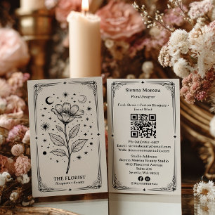 Carte De Visite Code QR Fleuriste Tarot Céleste Rétro Vintage