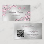 Carte De Visite Code QR | Fleurs de cerisier rose Argent (Devant / Derrière)