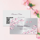 Carte De Visite Code QR | Fleurs de cerisier rose Argent