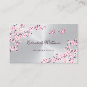 Carte De Visite Code QR | Fleurs de cerisier rose Argent (Devant)