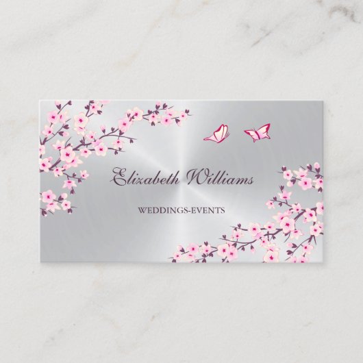 Carte De Visite Code QR | Fleurs de cerisier rose Argent (Devant)