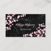 Carte De Visite Code QR | Fleurs de cerisier Rose Marbre Noir (Devant)