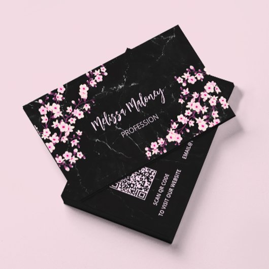 Carte De Visite Code QR | Fleurs de cerisier Rose Marbre Noir