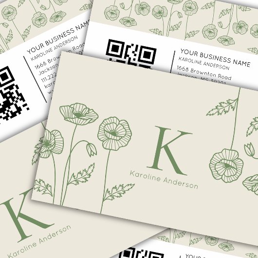 Carte De Visite Code QR Fleurs de Pavot Écru Vert Botanique Élégan