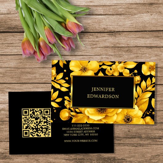 Carte De Visite Code QR fleurs noires or élégant professionnel