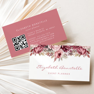Carte De Visite Code QR floral aquarelle Rose Poussiéreuse Bourgog
