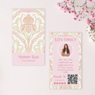 Carte De Visite Code QR floral Art nouveau rose et photo