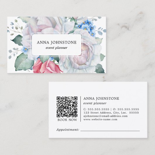 Carte De Visite Code QR floral élégant | Nomination (Devant / Derrière)
