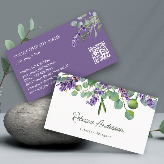 Carte De Visite Code QR Floral Lavande Eucalyptus Rustique