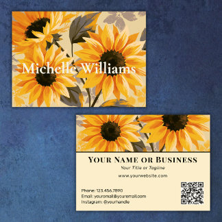 Carte De Visite Code QR floral tournesol jaune moderne gras