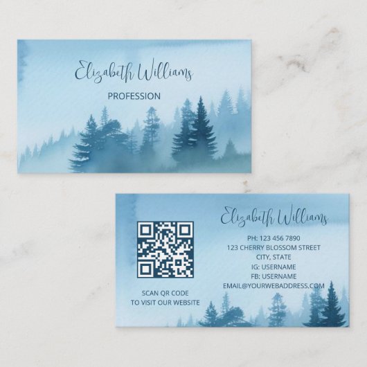 Carte De Visite Code QR Forêt de Pins Bleue Aquarelle (Devant / Derrière)