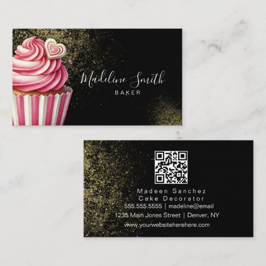 Carte De Visite Code QR Gâteaux Cupcakes Paillettes Rose Foncé (Devant / Derrière)