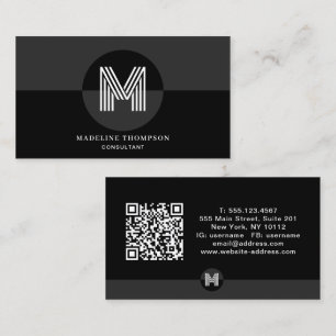 Carte De Visite Code QR géométrique moderne monogramme noir gris r
