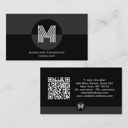 Carte De Visite Code QR géométrique moderne monogramme noir gris r (Devant / Derrière)