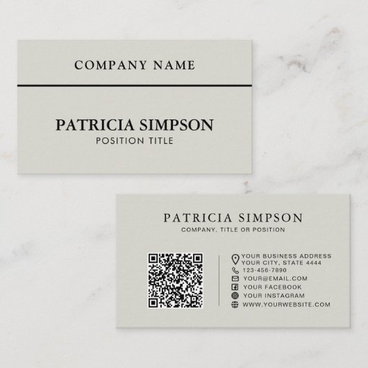 Carte De Visite Code QR Gris Argent Moderne Professionnel Minimali (Devant / Derrière)