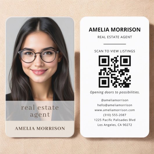 Carte De Visite Code QR Immobilier Beige Luxe