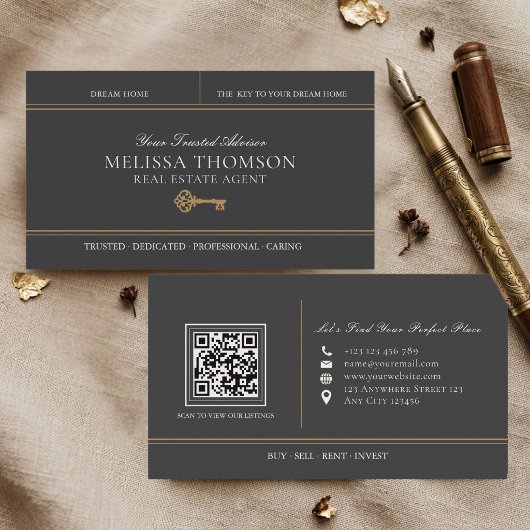 Carte De Visite Code QR immobilier élégant luxe noir or