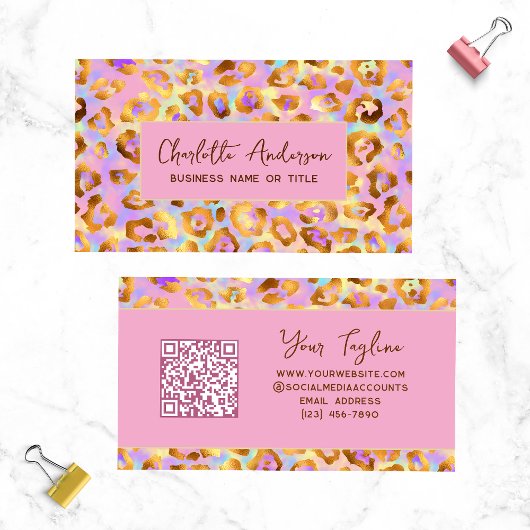 Carte De Visite Code QR impression léopard or pastel