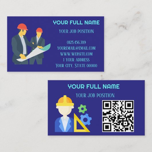 Carte De Visite Code QR Ingénieur de Construction Moderne Bleu Fon (Devant / Derrière)