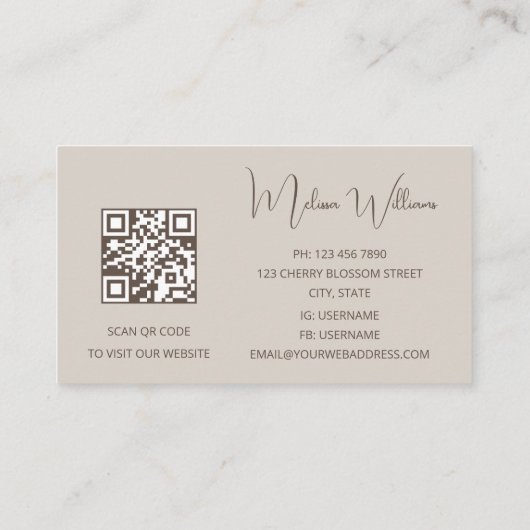 Carte De Visite Code QR | Initiales d'art Abstrait beige (Dos)